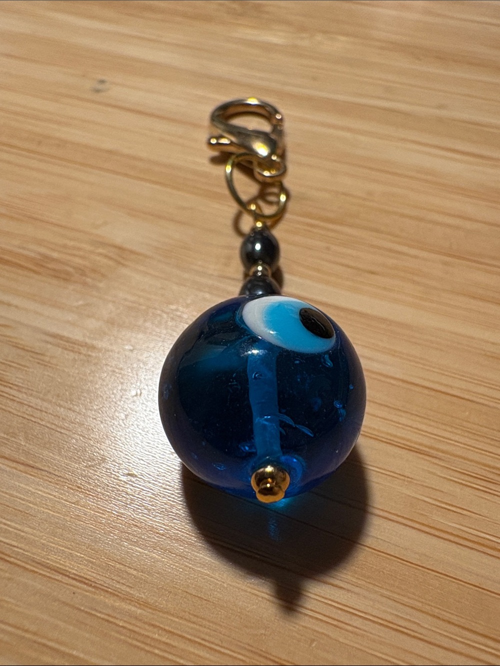 Hand Crafted Hematite Blue Evil Eye Glass Bead Keychain Charm - Picture 2 of 5
